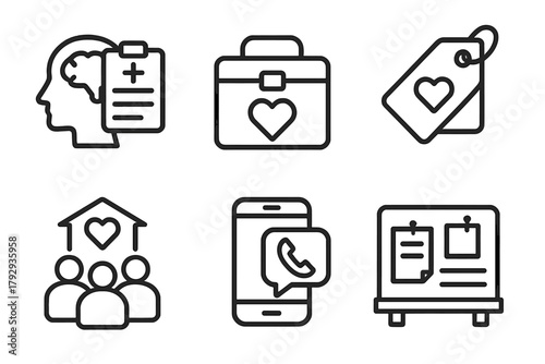 Mental Health Icons. Line style icons of mental health: mental health resources, toolkit icon with heart, awareness pamphlet tag,