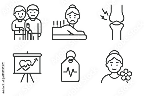 Acupuncture Therapy Icons. Line style icons of acupuncture: elderly care and support, aged person receiving acupuncture, joint