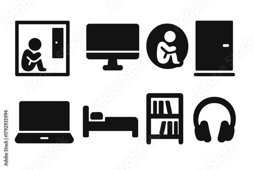 Isolation Icons. Solid style icons of Extreme Indoor Seclusion: Room, Screen, Isolation, Light Under Door, Laptop, Bed, Headphones