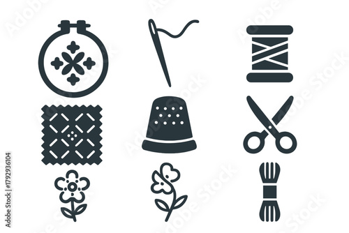 Embroidery Icons Collection. Solid style icons of embroidery: hoop, needle, thread, patterned cloth, thimble, scissors, stitched