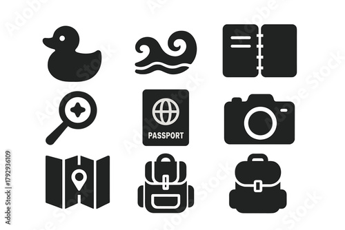 Toy Voyaging Essentials. Solid style icons of Toy Voyaging: Rubber Duck, Ocean Current, Travel Log, Discovery, Passport, Camera,