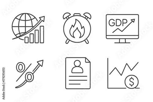 Hedge Fund Icons Collection. Line style icons of hedge funds: macro indicators icon, inflation watch, GDP tracking symbol,