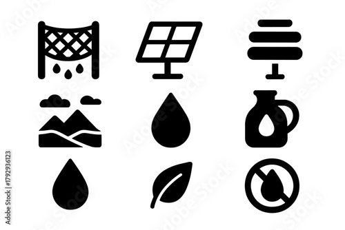 Fog Catcher Icons. Solid style icons of Innovative Fog Catchers: Steel Mesh, Transparent Panel, Tube Collector, Arid Valley, Water
