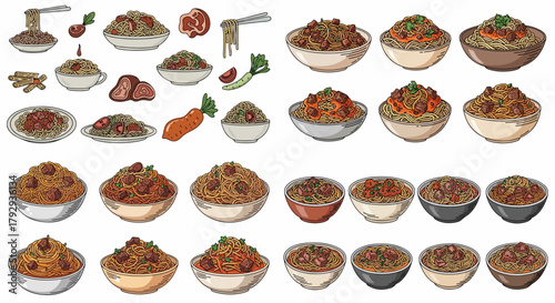 Noodle bowls with various toppings and ingredients