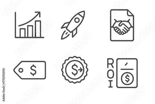 Investment Returns Icons. Line style icons of Investment Returns: Equity gain chart, startup exit icon, acquisition deal file,