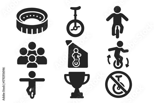 Freestyle Unicycling Icons. Solid style icons of Freestyle Unicycling: Arena, Unicycle, Performer, Audience, Spotlight, Trick Spin
