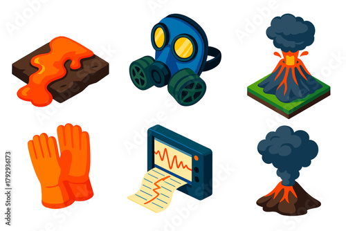 Volcanology Icons. Isometric vector illustration set Volcanology: Lava Flow, Gas Mask, Seismograph, Eruption, Safety Gloves,