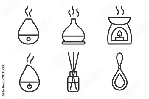 Diffuser Icons Variety. Line style icons of diffusing methods: ultrasonic diffuser, nebulizer, tea light burner, humidifier combo,