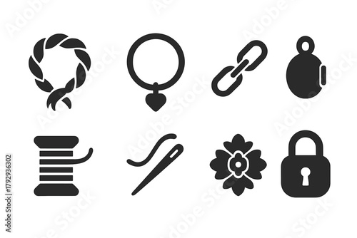 Sentimental Jewelry Icons. Solid style icons of Sentimental Jewelry Craft: Woven Hair, Charm, Chain, Small Locket, Thread, Needle,