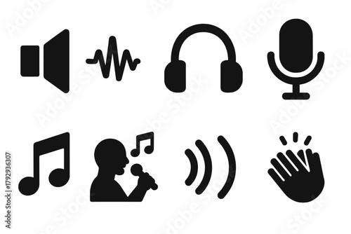 Sound Performance Icons. Solid style icons of Sound Performance: Speaker, Sound Wave, Headphones, Microphone, Music Note,