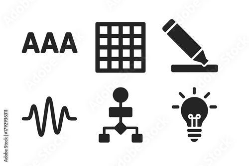 Pattern Recognition Icons. Solid style icons of Pattern Recognition: Repeated Letters, Grid Analysis, Marker Pen, Highlighted Word