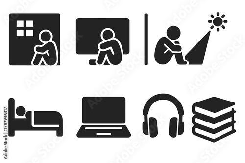 Modern Isolation Icons. Solid style icons of Modern Social Withdrawal: Room, Screen, Isolation, Sunlight Sliver, Bed, Laptop,