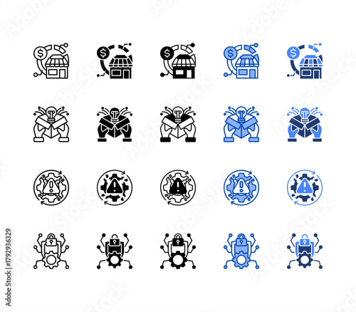 Market share, Product innovation, Inefficiency, Cybersecurity threats multiple style icon set.