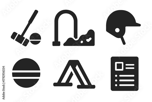 Adventure Lawn Sports Icons. Solid style icons of Adventure Lawn Sports: Croquet, Mallet, Wicket, Rough Terrain, Ball, Helmet,
