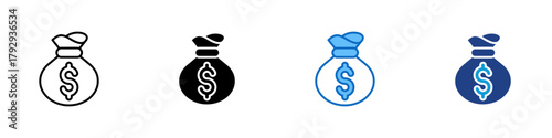 Budget Planning Multiple Style Icon Design Vector - money bag with a dollar symbol representing budgeting, financial savings, and economic planning