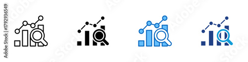 Data Analysis Multiple Style Icon Design Vector - Bar and line graphs with a magnifying glass symbolizing analytics, statistics, and performance tracking
