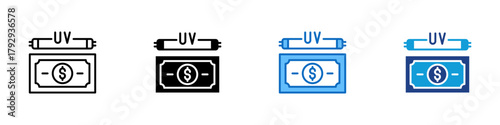 Counterfeit Check Multiple Style Icon Design Vector - bill under UV light representing counterfeit detection and banknote verification