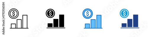 Financial Growth Multiple Style Icon Design Vector - coin above a bar chart representing financial growth, success, and increasing profits