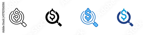 Financial Audit Multiple Style Icon Design Vector - magnifying glass over a dollar sign symbolizing financial inspection, budget control, and money analysis