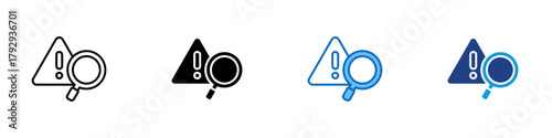 Risk Analysis Multiple Style Icon Design Vector - magnifying glass over a warning triangle, symbolizing risk assessment, danger identification, and issue analysis