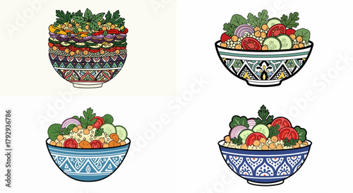 Colorful bowls with salads and chickpeas