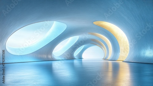 Fototapeta Naklejka Na Ścianę i Meble -  Abstract, futuristic tunnel with light blue and gold accents