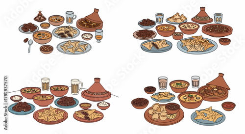 Moroccan feast display with traditional dishes and drinks