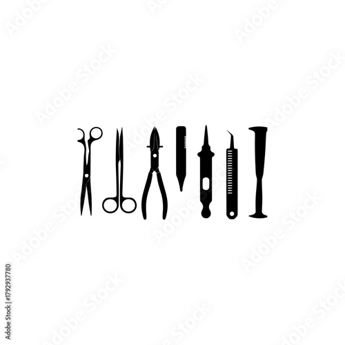 Dental Instruments Silhouette Collection, orthodontic, dental implant tools  dental mirror, probe, college tweezer, dental scaler icons 