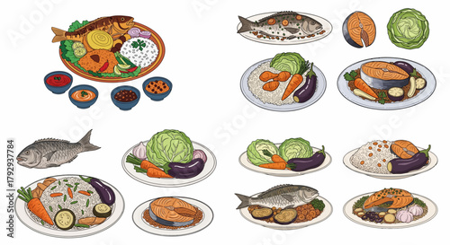 Fish dishes with rice and vegetables on plates