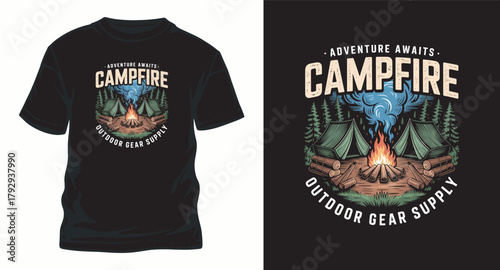 Adventure Awaits Campfire at Outdoor Gear Supply With Campfire Flames Logs Tent and Trees for Camp Shirt Adventure Gear for Travel and Camping Design T Shirt