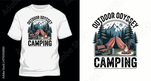Outdoor Odyssey Scene With Camping Tent Mountain and Tree Nature for Outdoor Trip Adventures Recreation Campfire Vacation for Camping Design T Shirts
