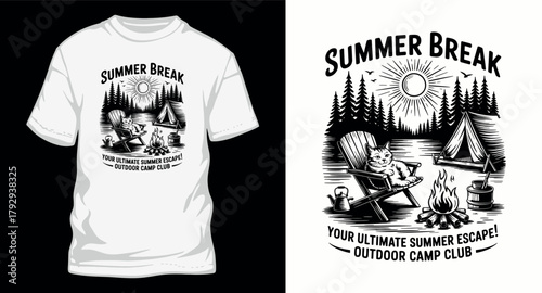 Summer Break With Cat in Campground Scene Featuring Campfire and Tent Your Ultimate Summer Escape in Outdoor Camp Club Campfires Tents Vacation for T Shirts Design at Camp