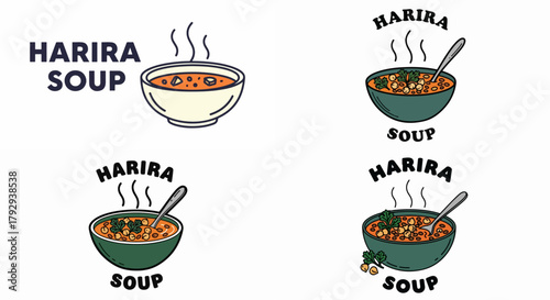 Harira soup bowl with steam and text