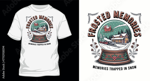 Frosted memories trapped in snow globe vector design for t shirt print vintage christmas station santa claus sleigh winter cabin and train inside snowball ornament