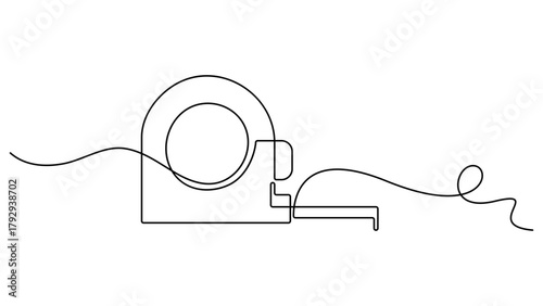 Measuring tape in one continuous line drawing. Tape Measure Continuous Line Art Illustration, Symbolizing industrial tools and craftsmanship, Tape measure in line art drawing style. Flexible ruler