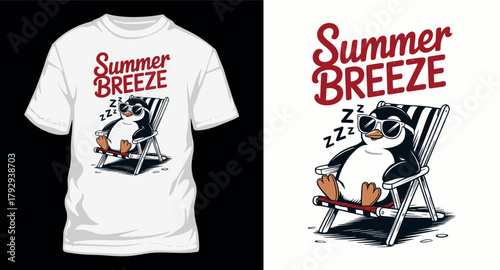 Summer Breeze With Sleepy Penguin in Beach Chair With Sunglasses For Beach Vacation Relaxing Illustration For Summer T Shirts And Summer Holiday Designs