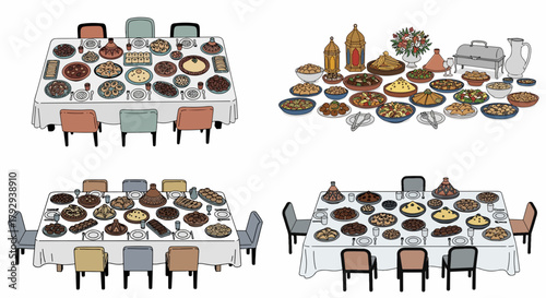 Festive tablescapes with abundant food and seating