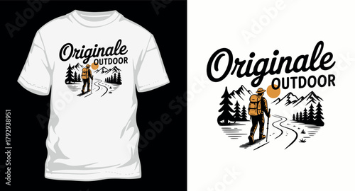 Originale outdoor vector design for t shirt print with hiking man forest and mountain vintage adventure travel exploration landscape theme