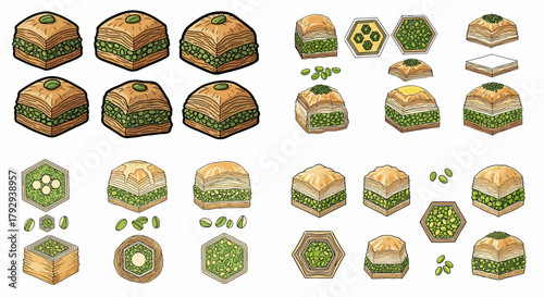 Baklava pastries assortment with detailed cross-sections