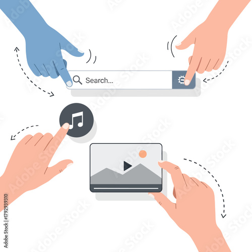 Hand searching for multimedia content with music and video icons