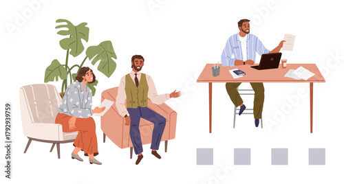 Recruiter at desk reviewing documents while candidates sit nearby in a casual office space with plants. Ideal for recruitment, career, teamwork, professionalism, communication, business, management