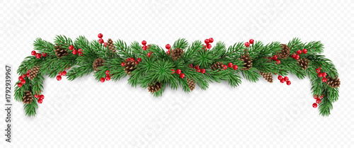 Vector realistic pine tree branches, cones and red berries isolated on a transparent background. Holiday Christmas tree garland for winter decoration banner, poster, greeting card.