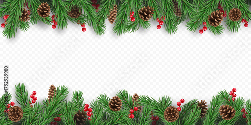 Vector frame with pine tree branches, cones and red berries, isolated on a transparent background. Holiday border fir tree branch for winter banner, poster, greeting card.