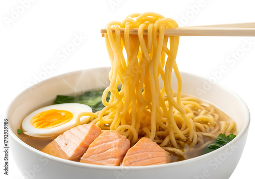 Delicious ramen noodles with salmon and egg being lifted by chopsticks isolated on transparent background