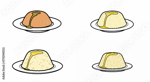 Flan desserts on plates, four variations