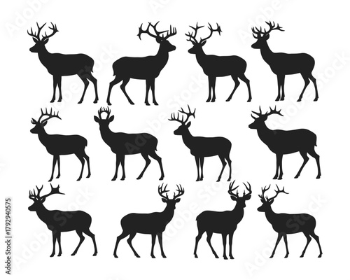 “Graphic black silhouettes of wild deer including male, female, and roe deer, isolated vector illustrations ideal for nature, wildlife, forest, hunting, and outdoor-themed design projects.”
