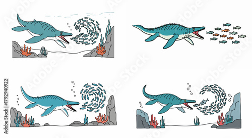 Plesiosaur hunting fish underwater scene