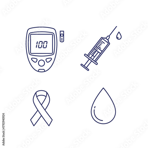 Four icons representing diabetes: a glucometer displaying "100", an insulin syringe, a blue ribbon, and a blood drop. These simple, related vector graphics represent a disease awareness concept.