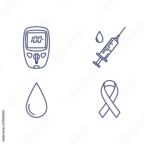Line art shows diabetes awareness icons, including a blood glucose meter displaying "100," syringe with blood drop, single blood drop, and blue ribbon