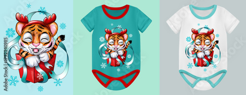 Cute Christmas tiger jumping out of a gift box with snowflakes for printing on a baby bodysuit